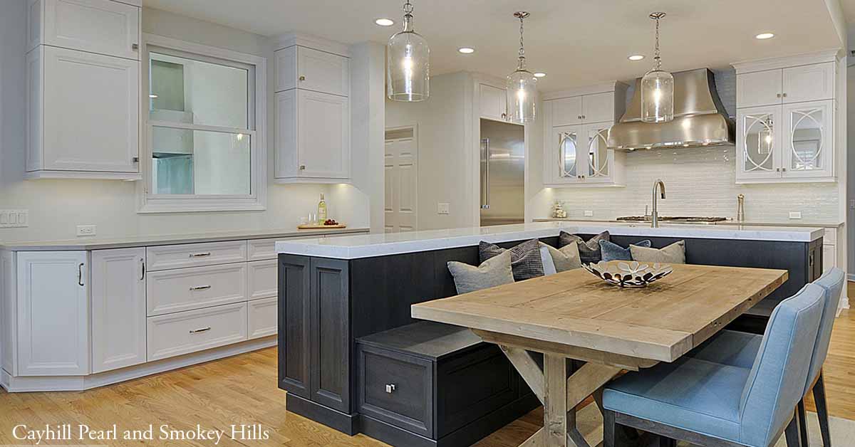 Cayhill Kitchen with Pearl Opaque including Smokey Hills Island with Bench Seating